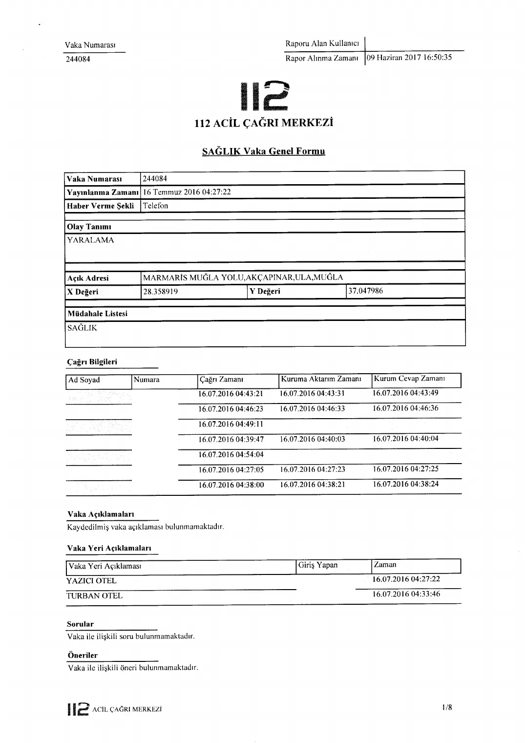 Numbers That Called 112 Emergency for Mehmet Çetin — first page