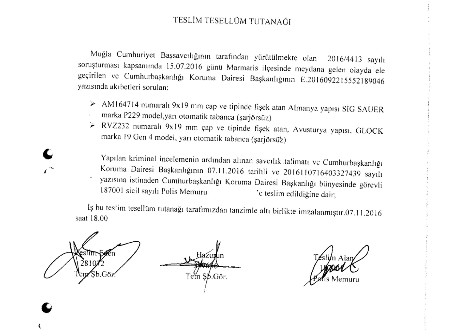 Handover-and-Receipt Record of the AM 164714 Sig Sauer and RVZ 232 Glock Pistols — first page