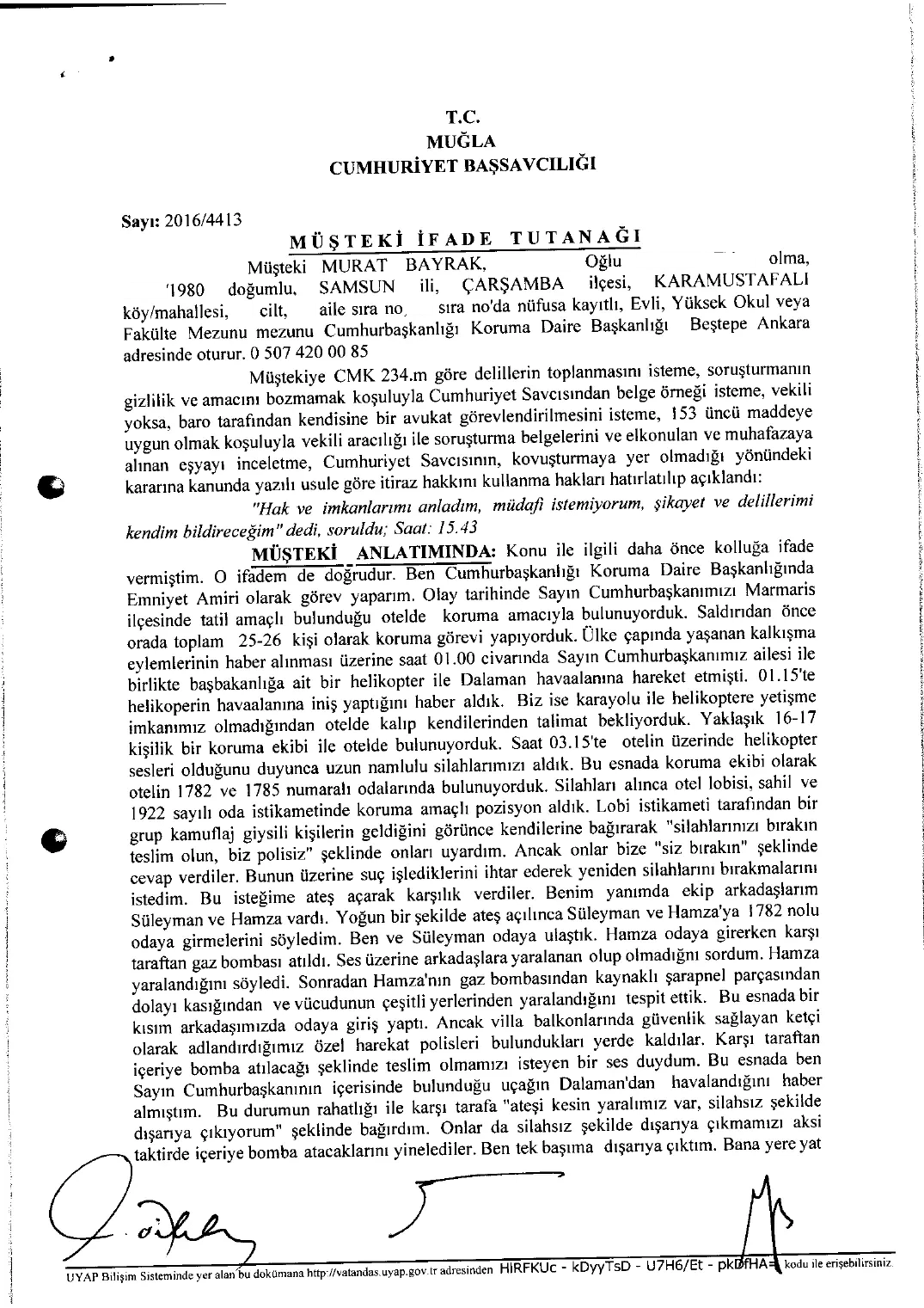 Murat Bayrak's Statement to the Public Prosecutor's Office — first page