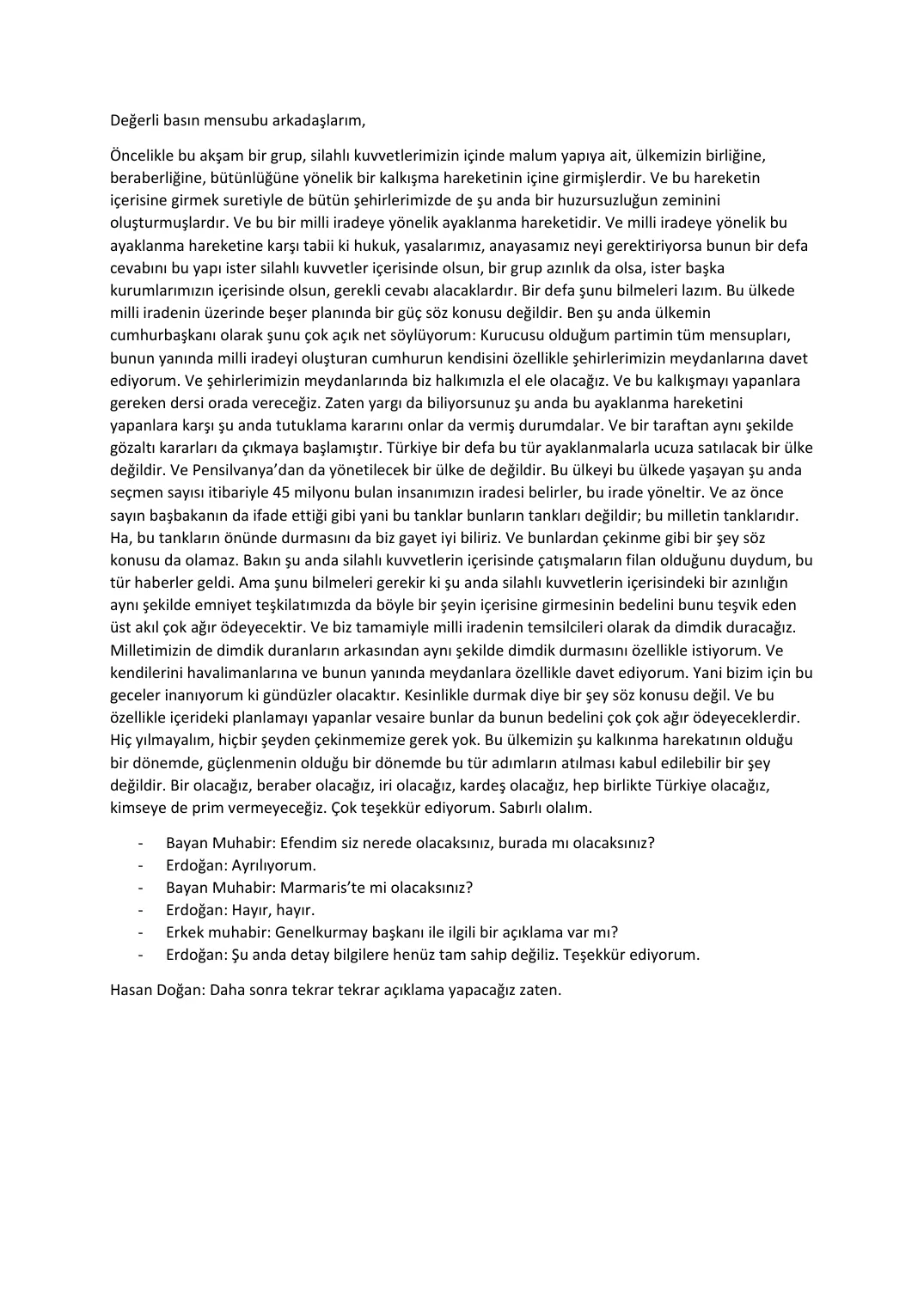 Erdoğan — press statement outside the Turban Hotel villa — first page