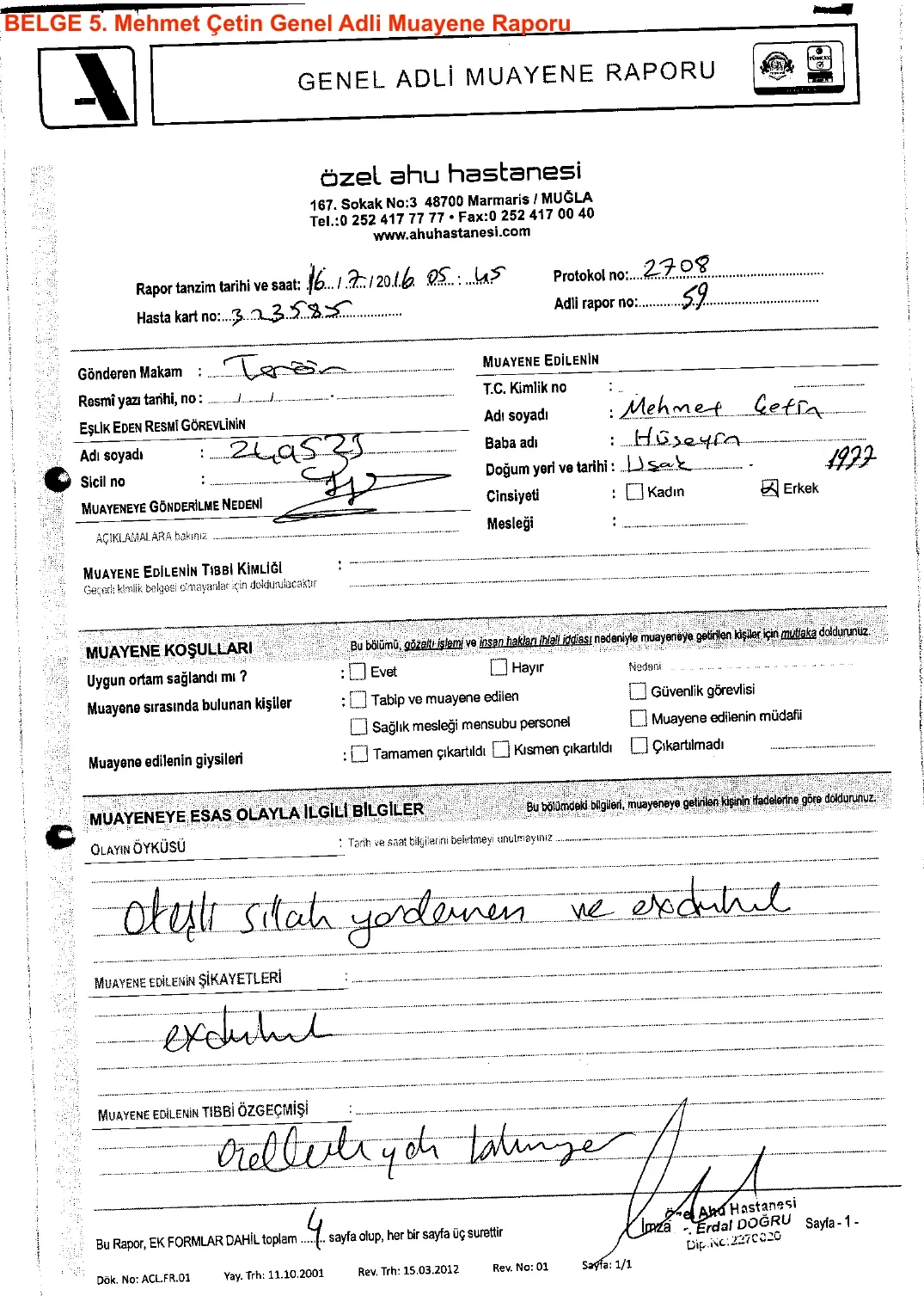 Mehmet Çetin General Forensic Examination Report — first page