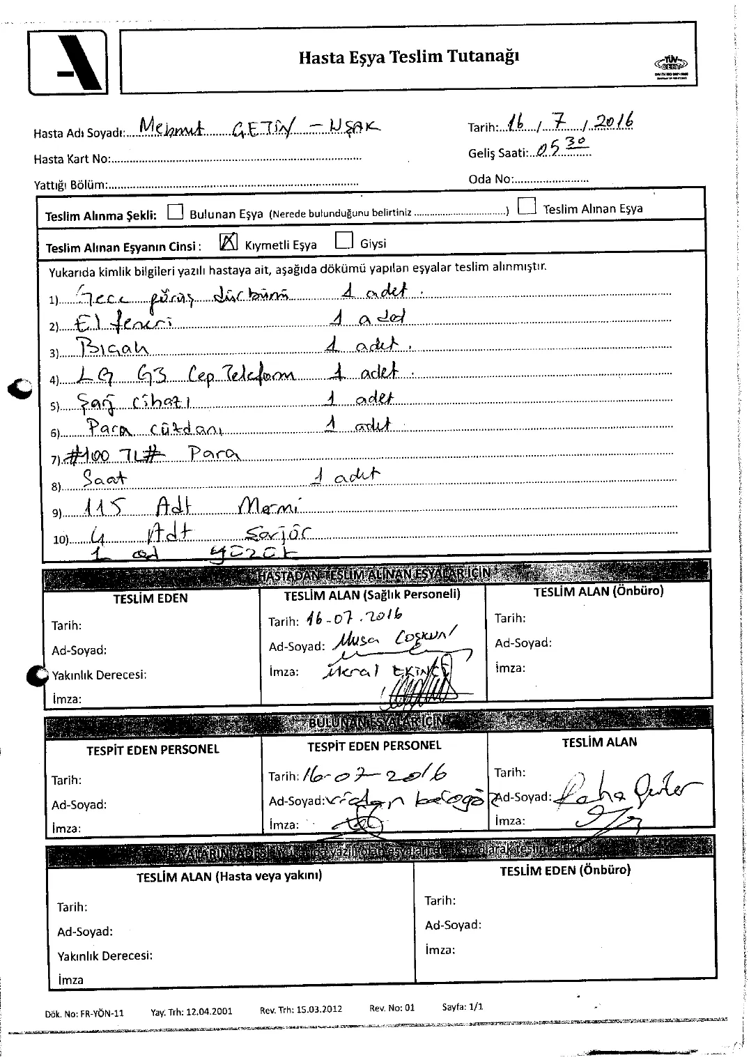 Mehmet Çetin Patient-Belongings Handover Record — first page