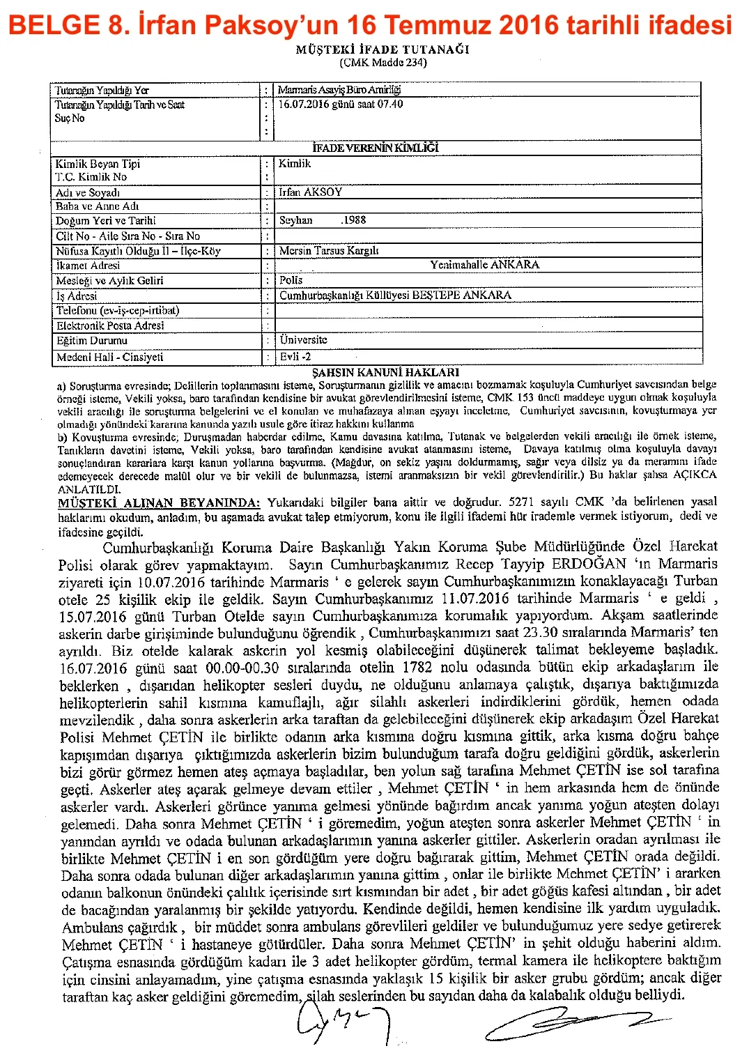 Complainant Statement of İrfan Paksoy — first page
