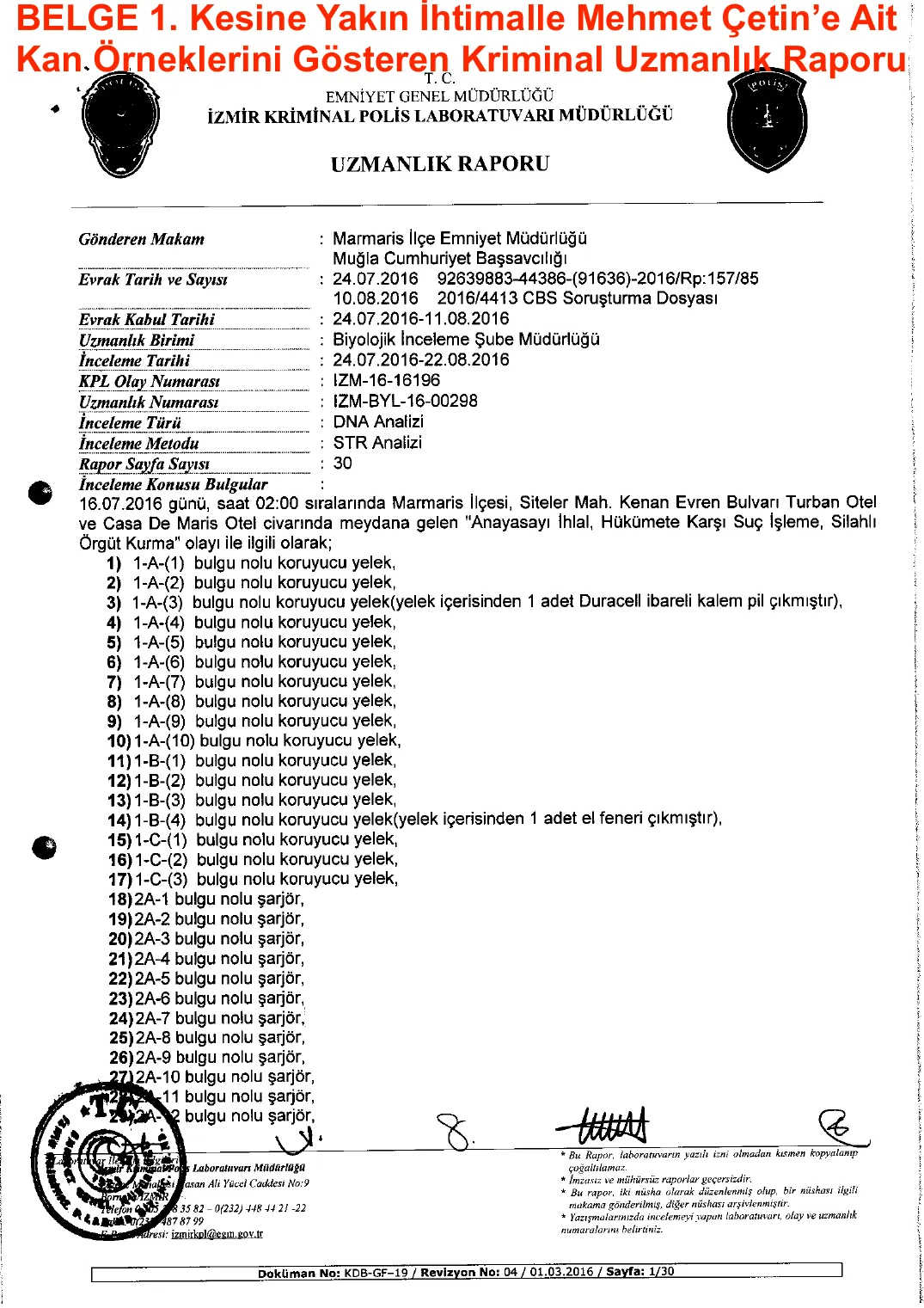 Criminalistic Expert Report — blood samples and DNA — first page