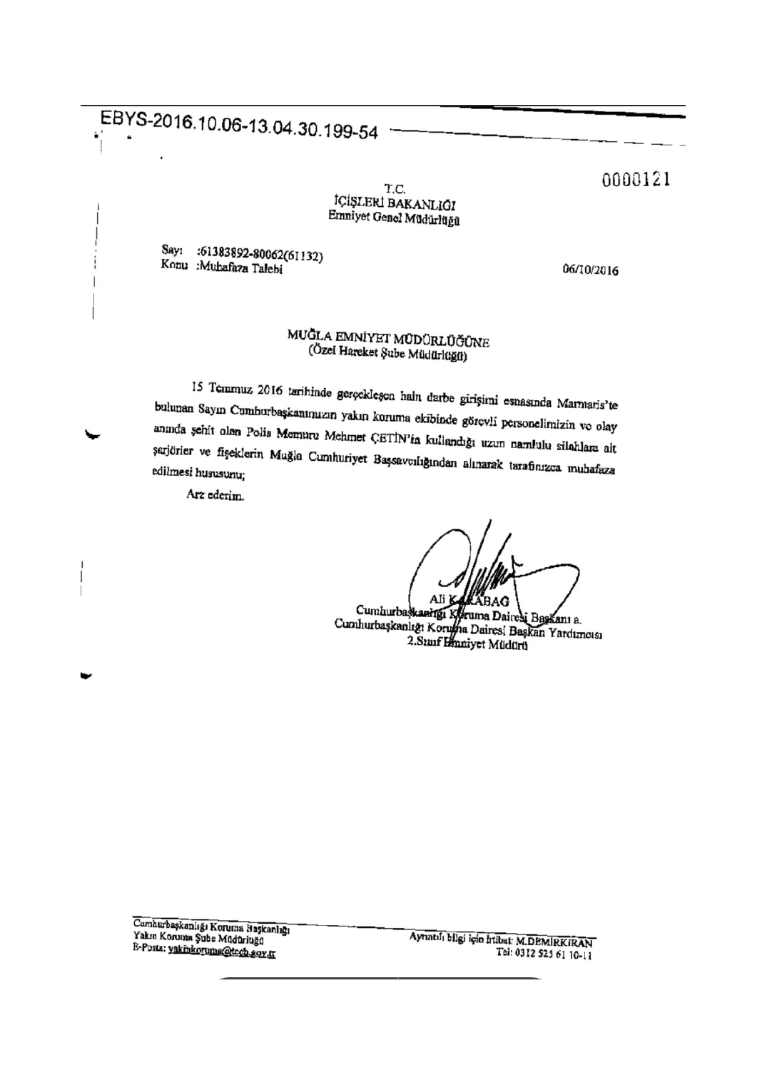 Protection Department's Request to Retain the Magazines and Cartridges — first page