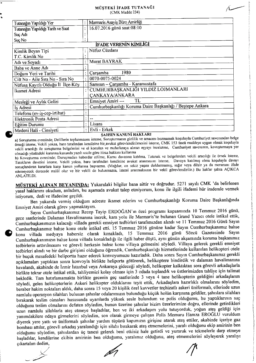 Complainant Statement of Murat Bayrak — first page