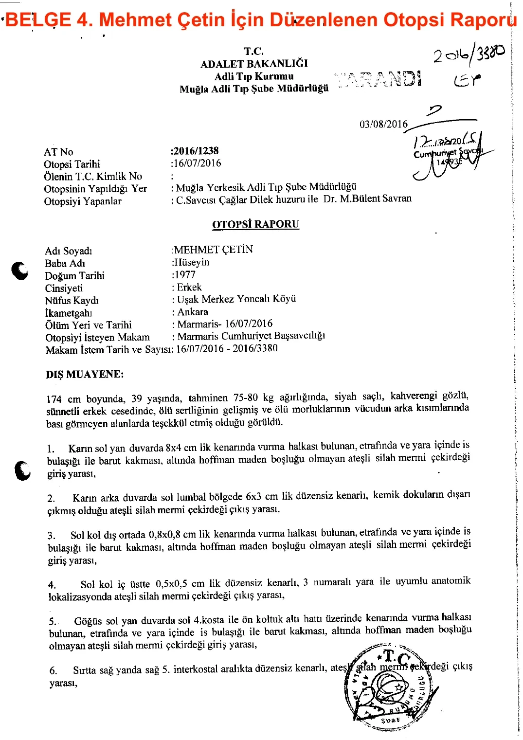 Mehmet Çetin Autopsy Report — first page