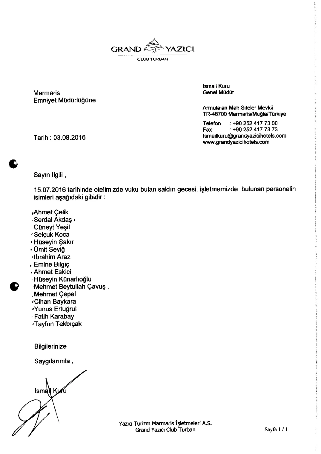 Turban Hotel Personnel Lists for the Night of 15 July — first page