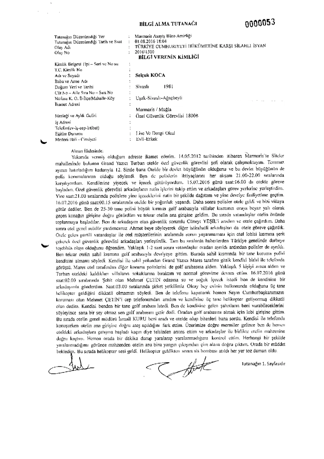 Selçuk Koca Information Record — first page