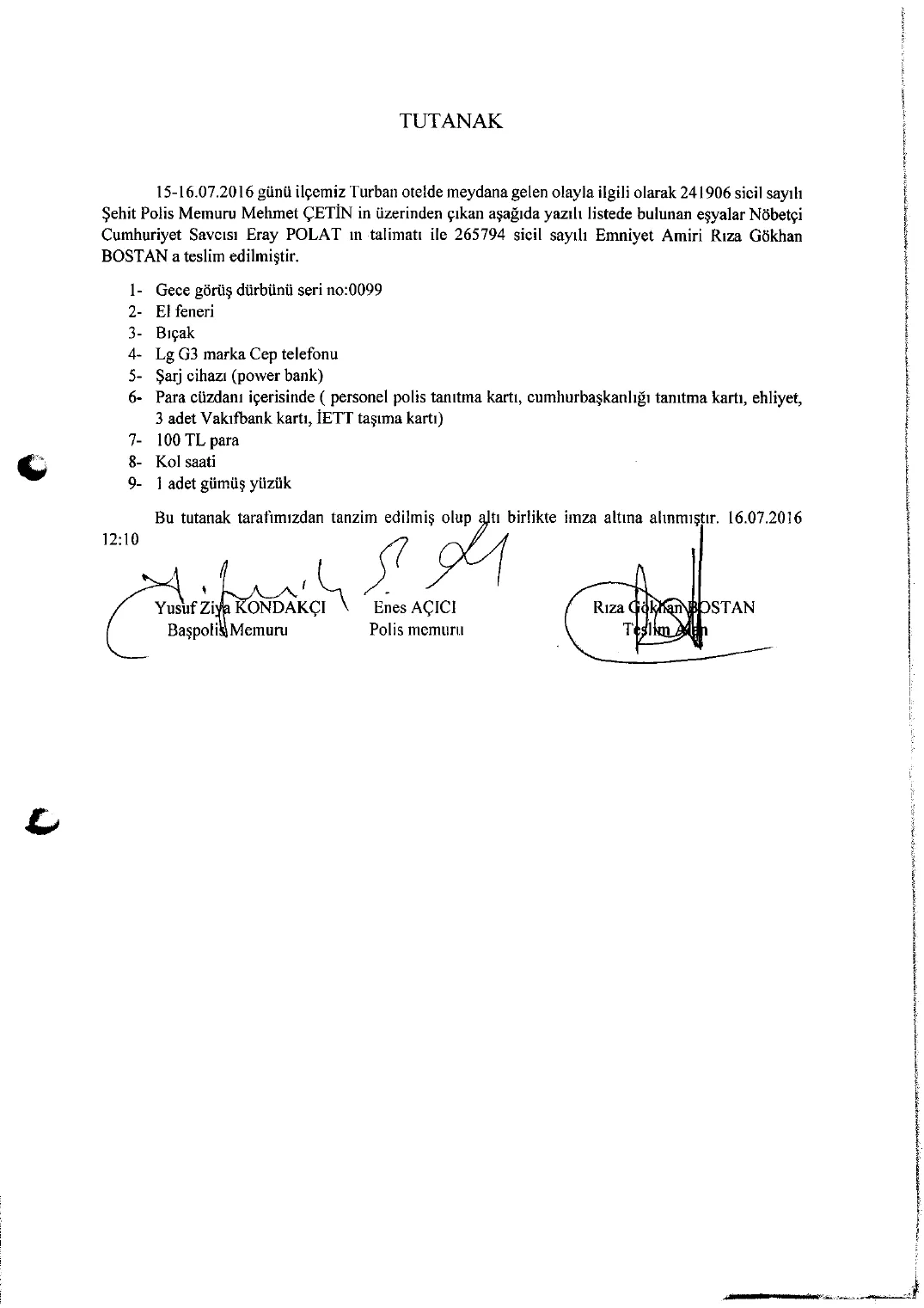 Record of Items Found on Mehmet Çetin — first page
